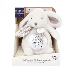 Veilleuse musicale projection d'étoiles lapin doudou blanc