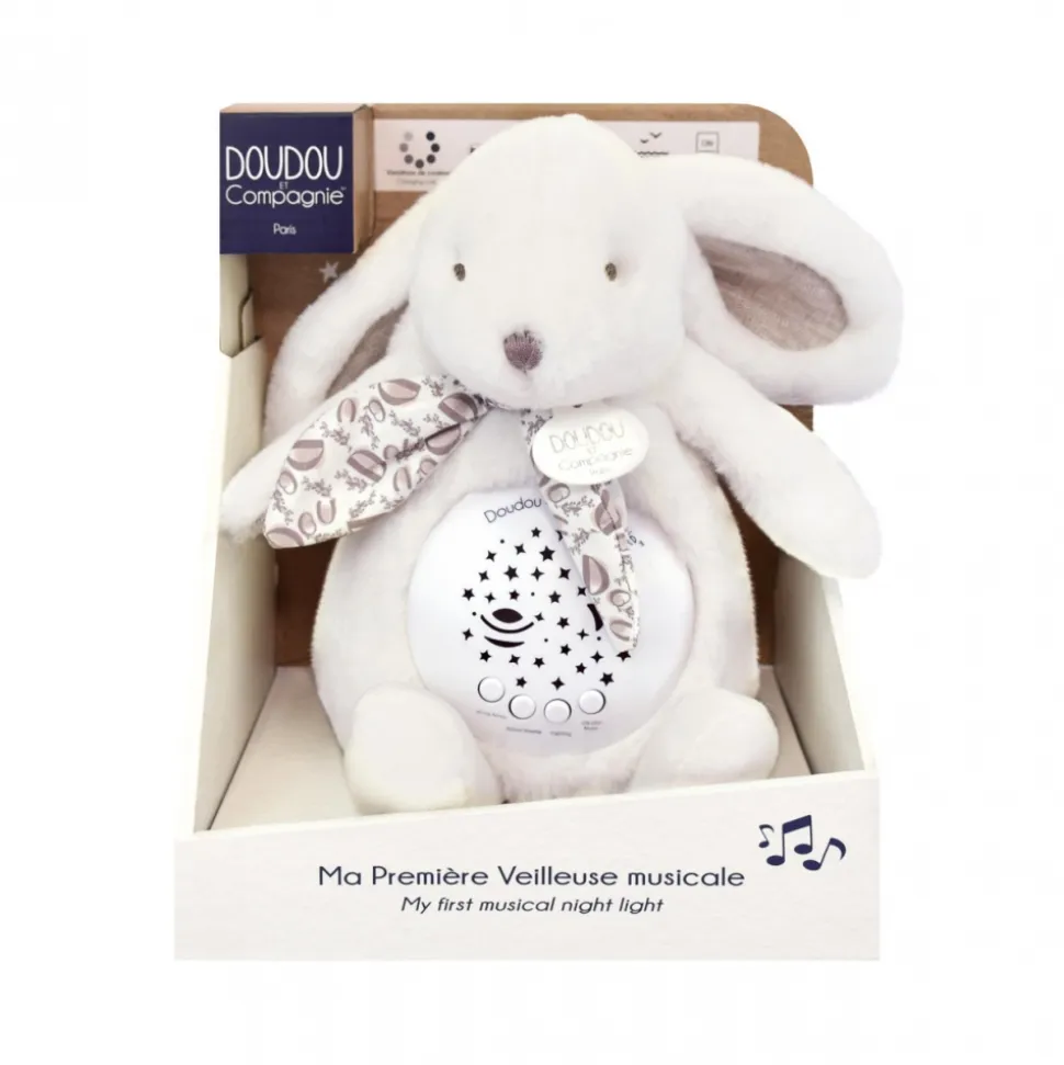 Veilleuse musicale projection d'étoiles lapin doudou blanc