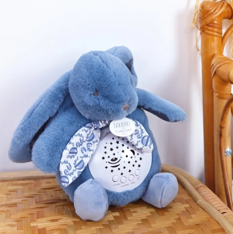 Veilleuse musicale projection d'étoiles lapin doudou bleu