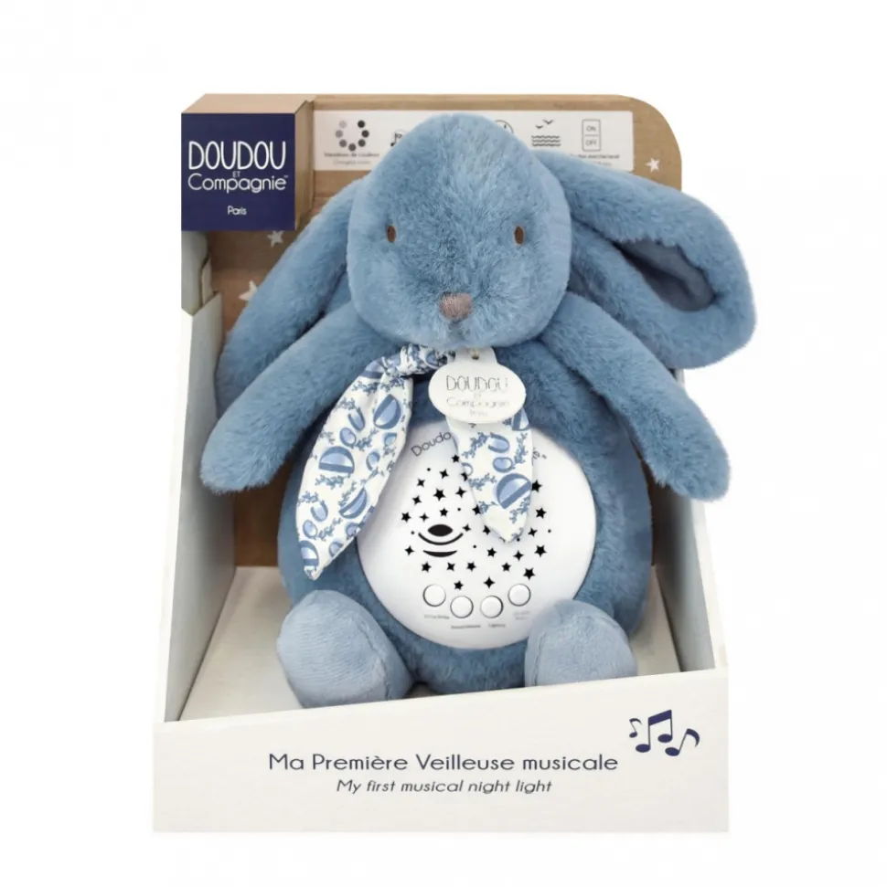 Veilleuse musicale projection d'étoiles lapin doudou bleu