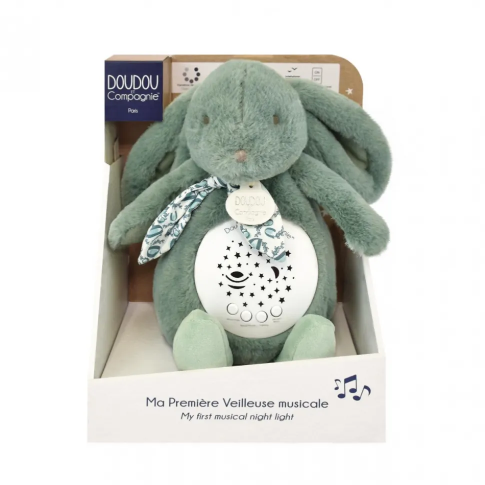 Veilleuse musicale projection d'étoiles lapin doudou vert sauge