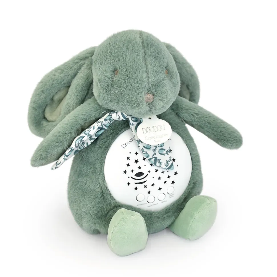 Veilleuse musicale projection d'étoiles lapin doudou vert sauge