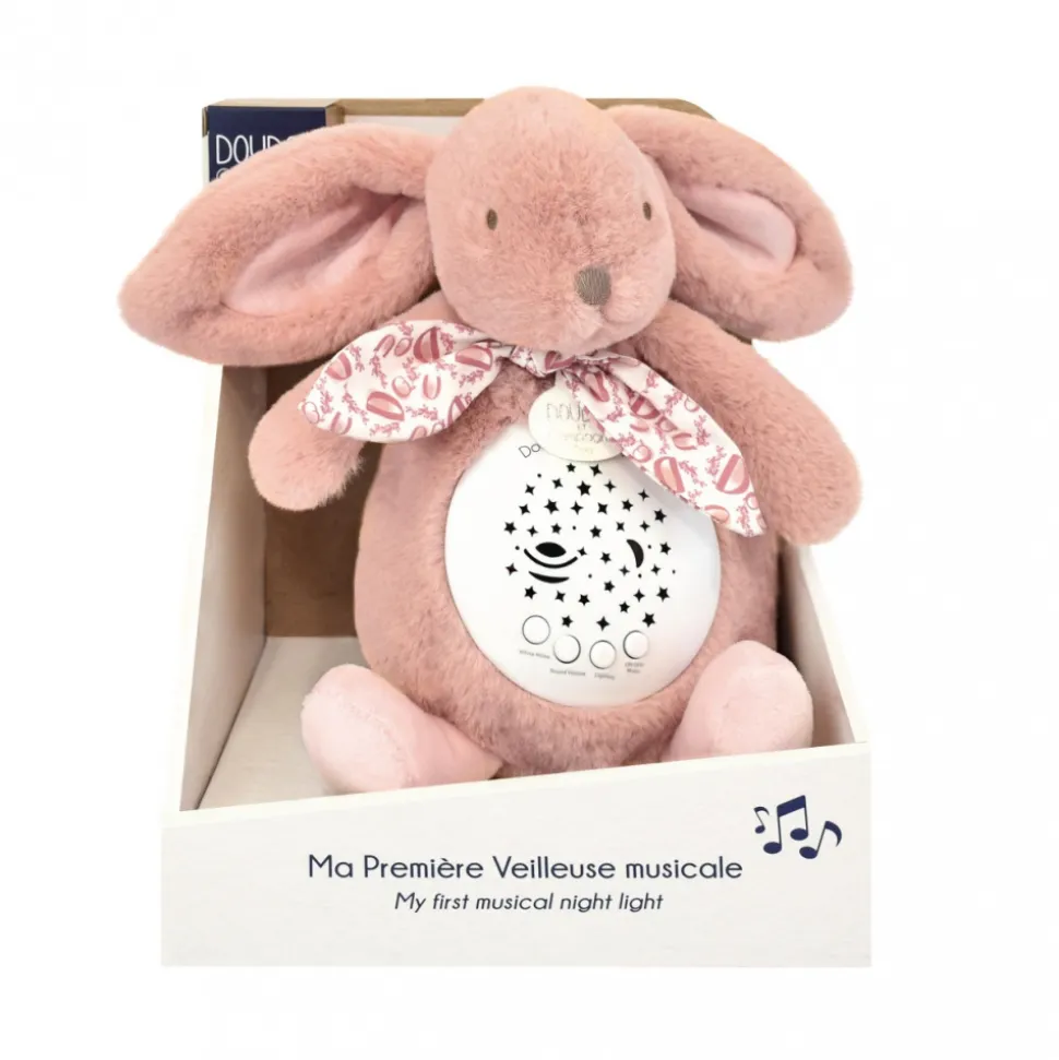 Veilleuse musicale projection d'étoiles lapin doudou rose