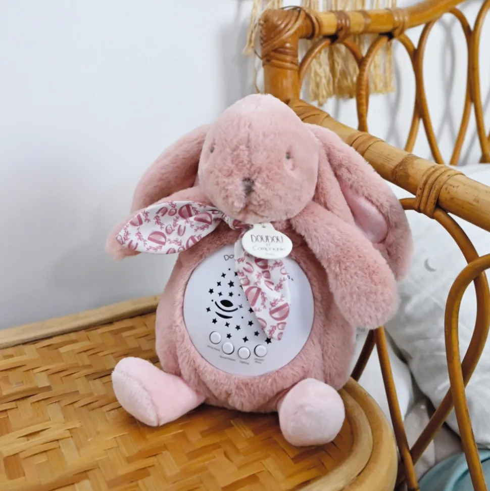 Veilleuse musicale projection d'étoiles lapin doudou rose