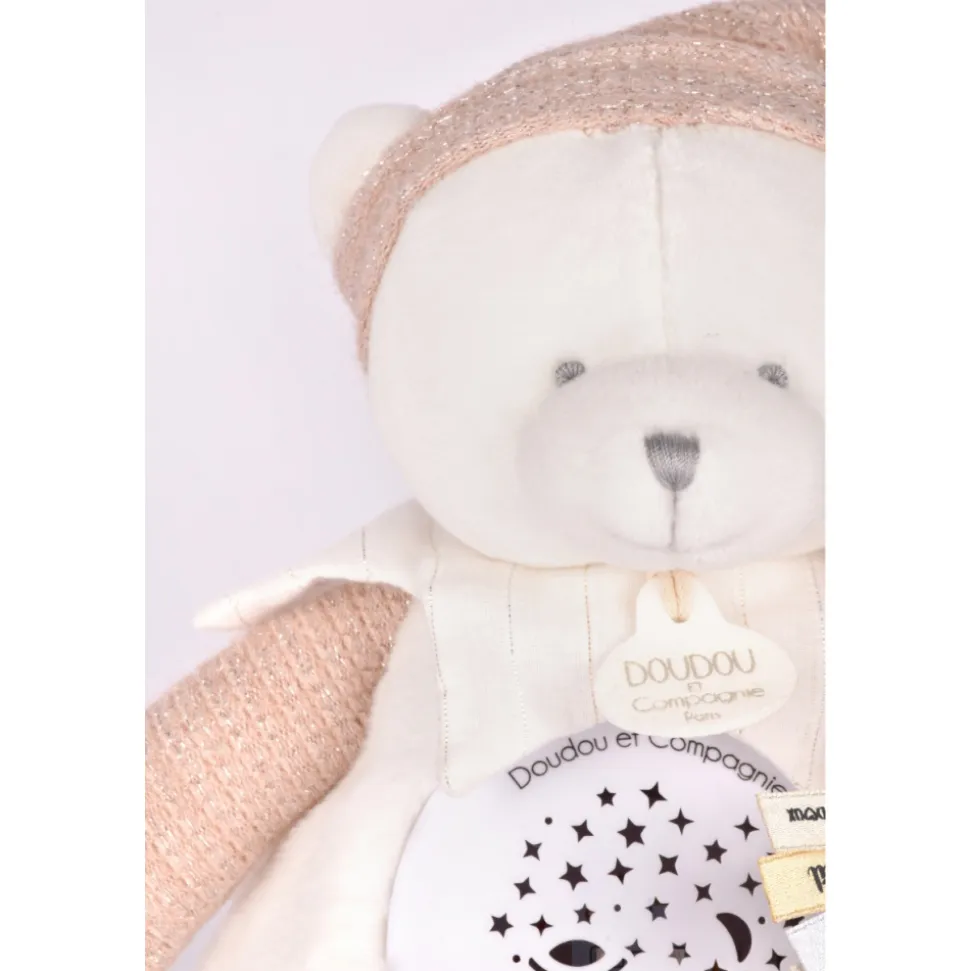 Veilleuse peluche musicale à projection d'étoiles ours rose