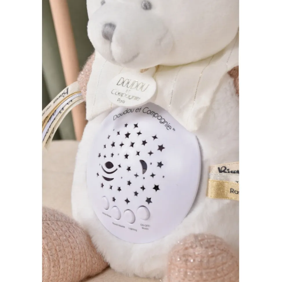 Veilleuse peluche musicale à projection d'étoiles ours rose