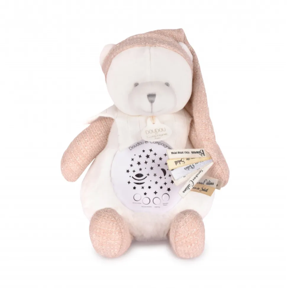Veilleuse peluche musicale à projection d'étoiles ours rose