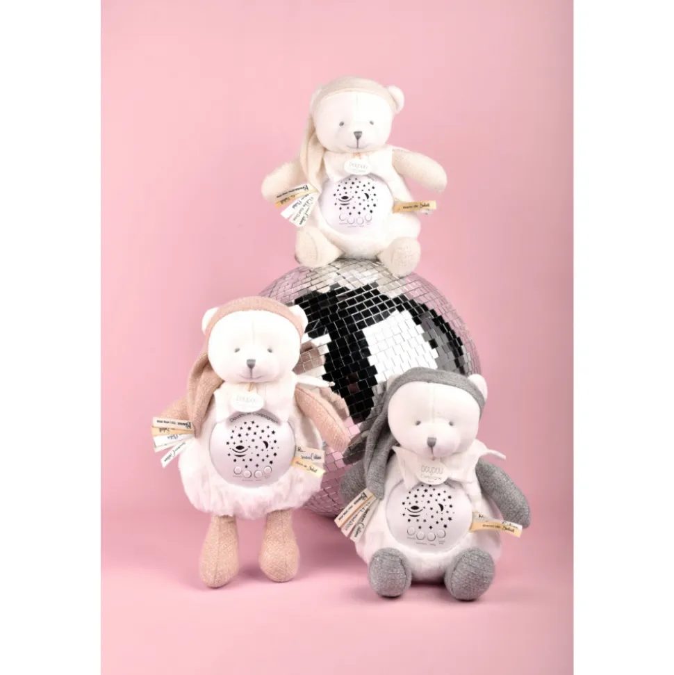 Veilleuse peluche musicale à projection d'étoiles ours rose