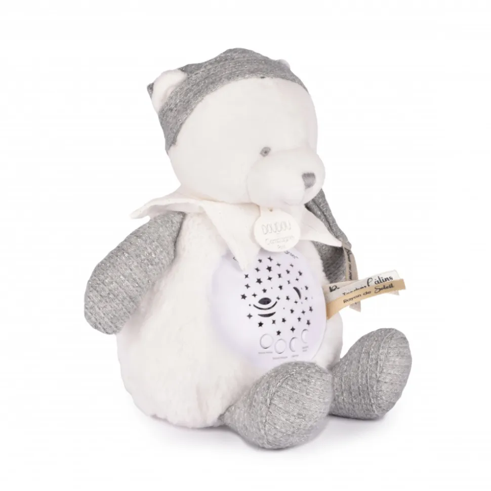 Veilleuse peluche musicale à projection d'étoiles ours gris