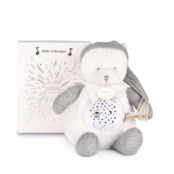 Veilleuse peluche musicale à projection d'étoiles ours gris