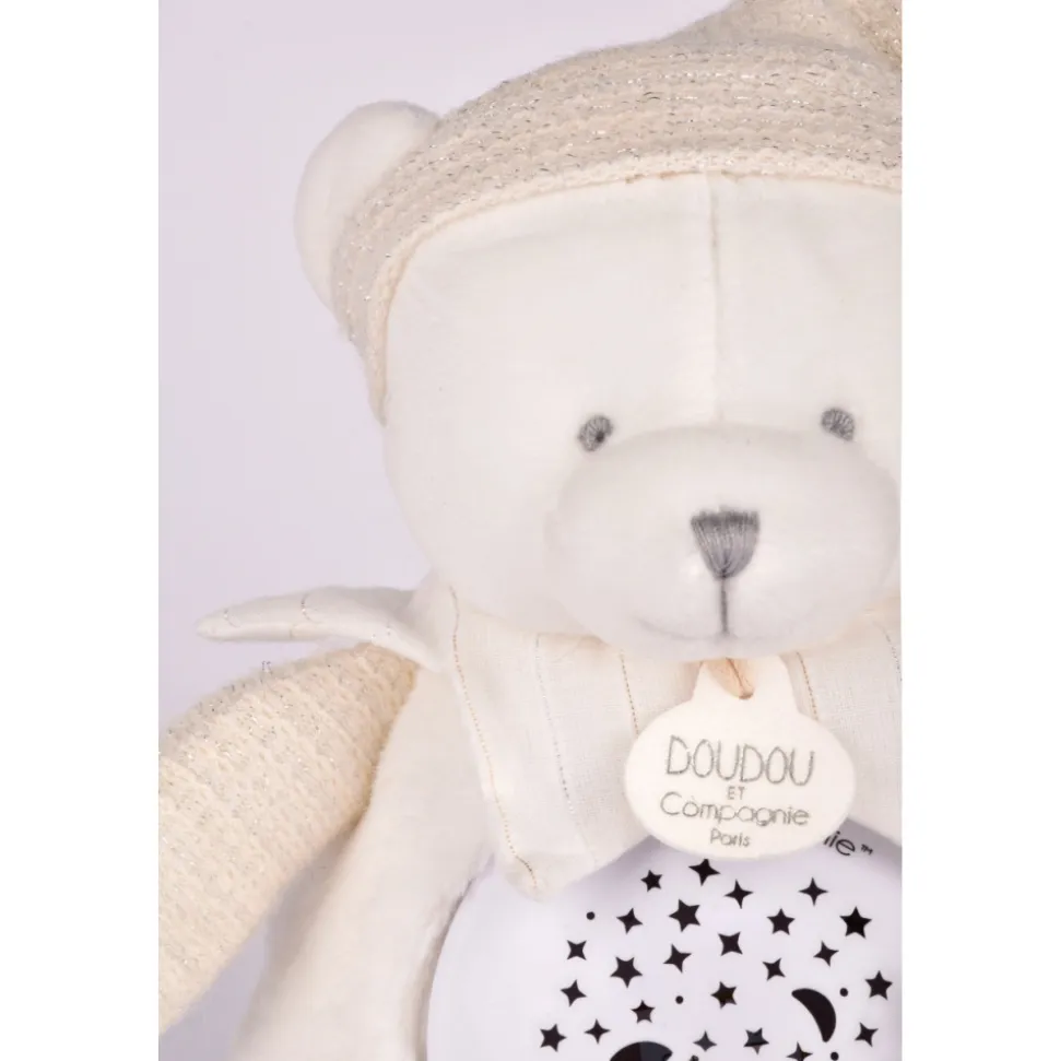 Veilleuse peluche musicale à projection d'étoiles ours blanc