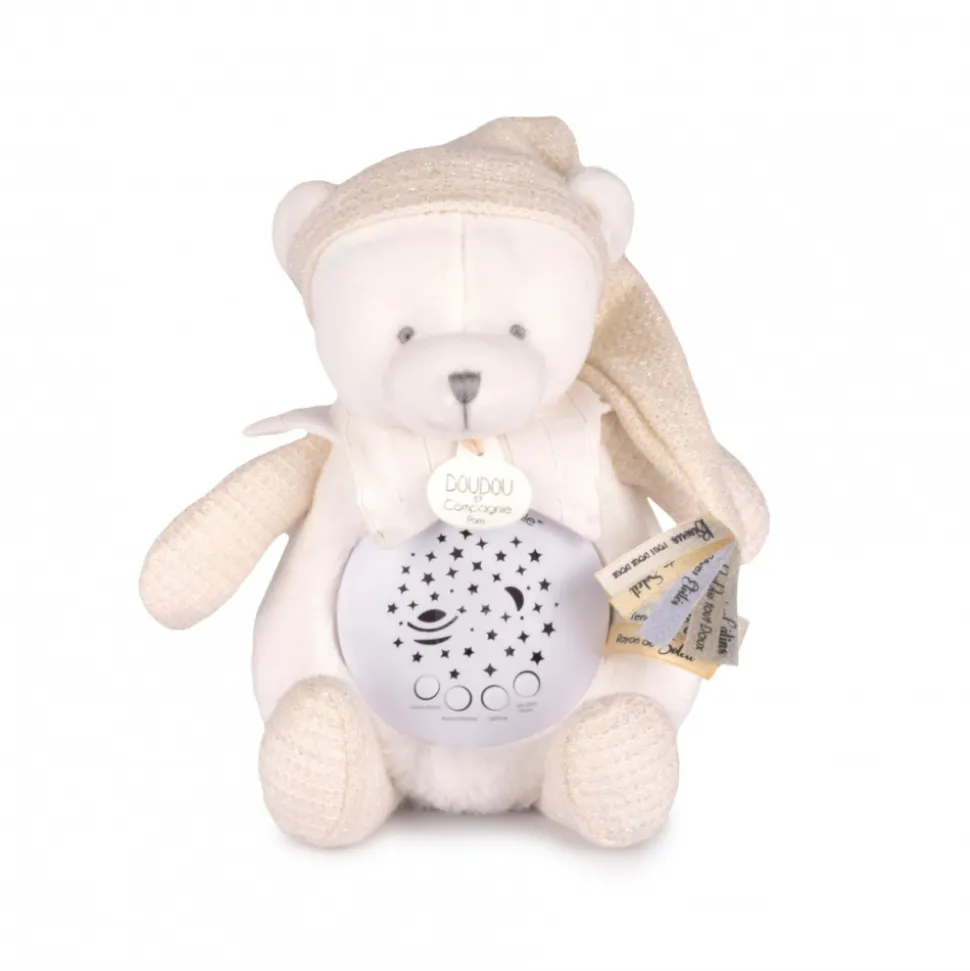 Veilleuse peluche musicale à projection d'étoiles ours blanc