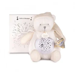 Veilleuse peluche musicale à projection d'étoiles ours blanc